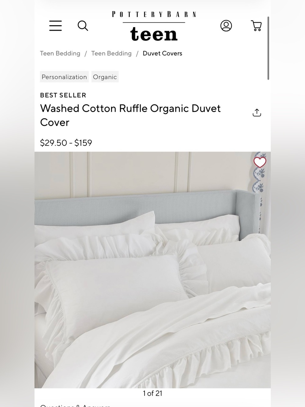 Pottery Barn Teen White Washed Cotton Ruffle Duvet Cover TwinXL